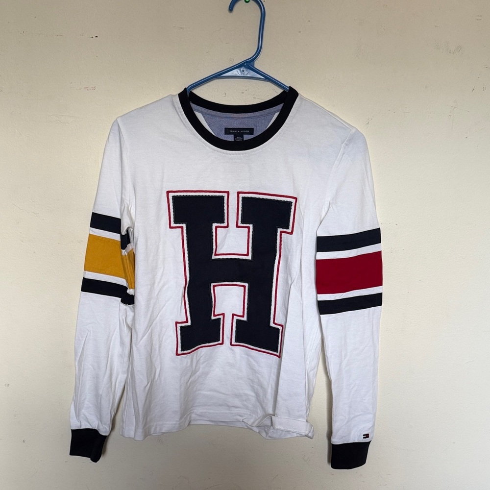 Tommy Hilfiger White Shirt with H Logo and Striped Sleeves